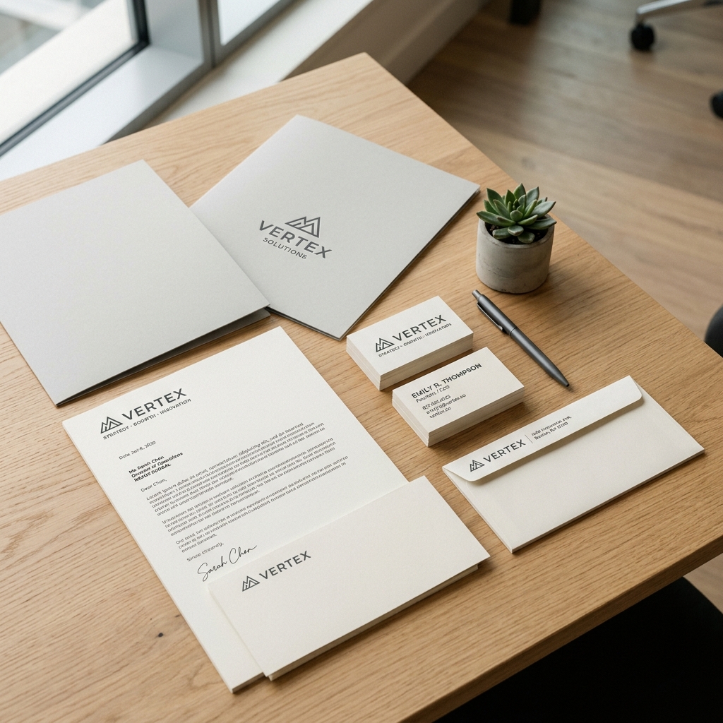 Corporate branding package including logo design, business cards, and letterhead created with Illustrator and Photoshop